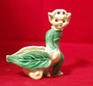 Vintage Ceramic Pixie Elf Fairy Figurine Green Suit W/ Leaf Wheelbarrow Planter