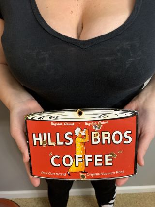 Vintage Hills Bros Coffee Can Porcelain Sign 7 3/4” Oil Gas Station Food Grocery