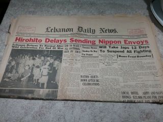 Vintage August 16,  1945 Lebanon Pa Daily Newspaper " Hirohito Delays Sending.  "