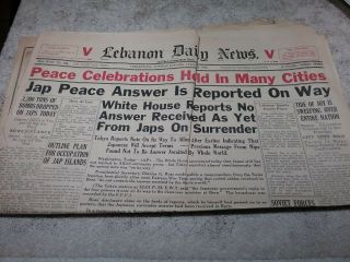 Vintage August 14,  1945 Lebanon Pa Daily Newspaper " Peace Celebrations Held.  "
