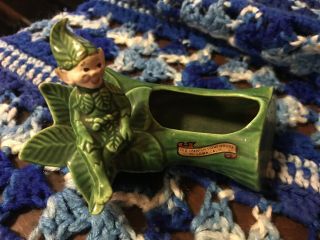 Treasure Craft Green Pixie Elf On Log Planter Cache Pot Green Leaf Suit And Cap