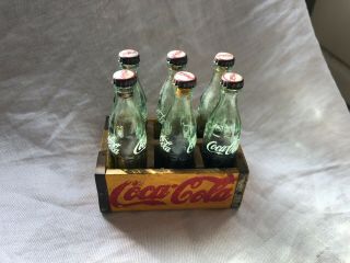 6 Vintage Coca Cola Coke Miniature 3 " Glass Bottles In Yellow Wooden Crate