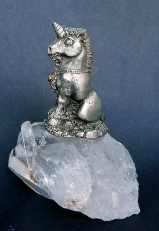 Vintage Pewter Unicorn Figure Sitting On Top Of Clear Quartz Crystal 3 1/4  T
