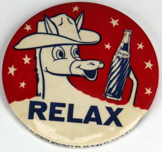 Vintage Pepsi Cola Relax Horse Wearing Hat Button Pin - Emress Specialty Co