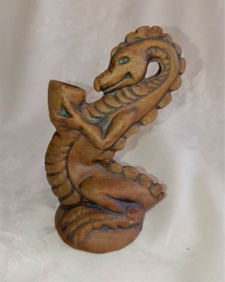 Vintage Flat Earth Clay Pottery Signed Dragon Incense/candle Holder 1986