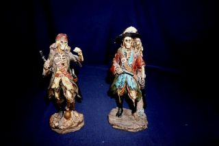 2 Resin Pirate Skeletons 9 Inch Figurines Statues Treasure Guns Swords Monkey