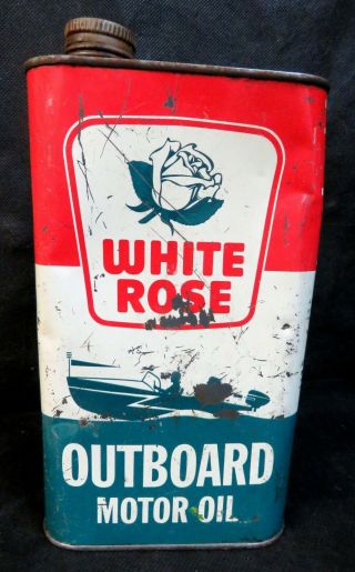 White Rose Outboard Motor Oil Tin Litho Imperial Quart Oil Can Boat Mower