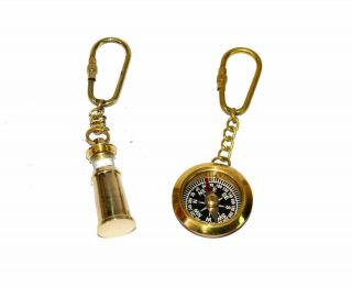 Nautical Antique Handmade Brass Keychain 2 " Lighthouse & 1.  5 " Compass Key Ring