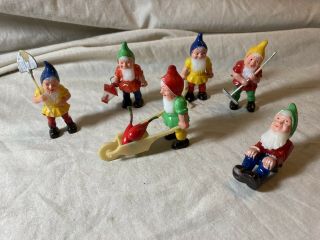 (6) Vintage Miniature 2 " Plastic Elf Gnomes Gardening Fairy Garden Figures (j)