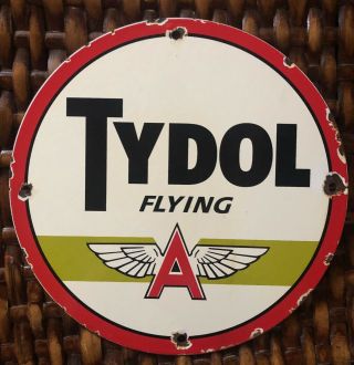 Old Tydol Ethyl Flying A Gasoline Porcelain 10 " Sign