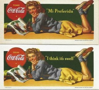 (2) Vintage Coca Cola Blotters - From Wwii Era,  1942,  One Spanish - Vgc