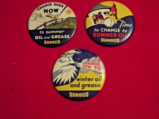 3 Vintage Sunoco Advertising Buttons Change To Summer/winter Oil Pinback 3 1/2 "