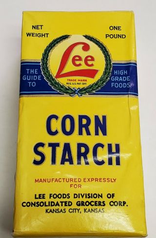 Vintage Lee Brand Corn Starch H D Lee Mercantile Co Salina Kansas Tin