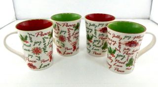 Set Of 4 Starbucks 2007 Holiday Mugs Joy Peace Love Noel Design 2 Red & 2 Green