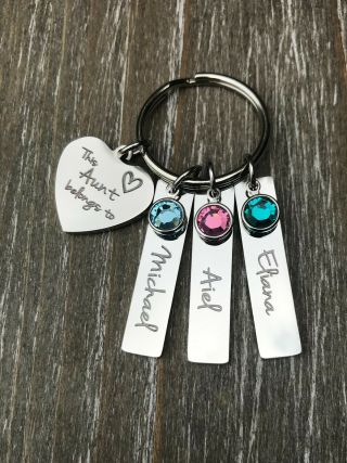 Aunt Keychain Personalized Engraved Auntie Name Birthstone Custom Jewelry Gift
