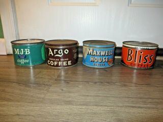 4 Vintage 1 Lb Coffee Tin Metal Cans Empty Bliss Argo Maxwell House Mjb Lids
