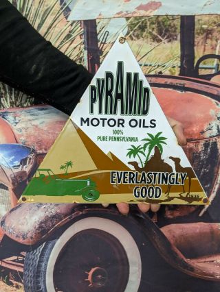 Old Vintage Dated 1936 Pyramid Motor Oils Porcelain Gas Pump Sign 100 Pure Penn
