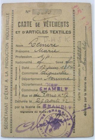 Ww Ii French Clothing Civilian Ration Cards Booklet - Issued Chambly France 1942