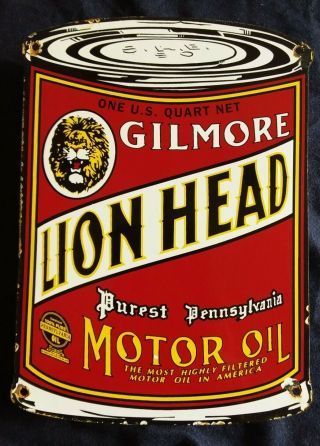 Vintage Gilmore " Lion Head " Oil Can Gasoline / Motor Oil Porcelain Gas Pump Sign