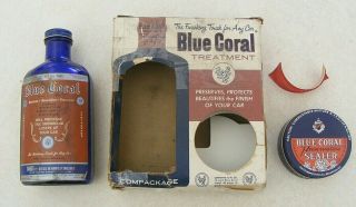 Vintage 1950 Gm Dealer Blue Coral Auto Car Wax Tin Can Blue Glass Bottle Full
