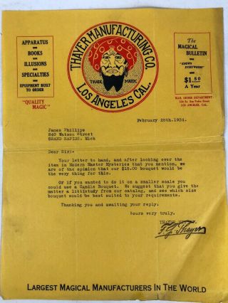 Thayer Manufacturing Company (magic) Letter On Colorful Letterhead - 1924