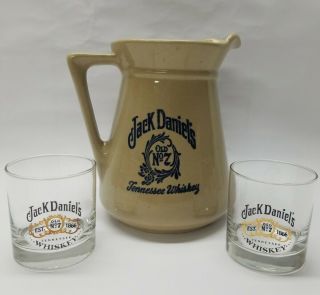 Vintage Jack Daniels Old No 7.  Whiskey Stoneware Pottery Pitcher W/bonus Glasses