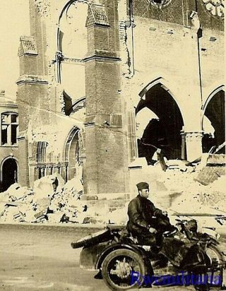 Victory Wehrmacht Kradmelder On Motorcycle By Bombed Church; France 1940