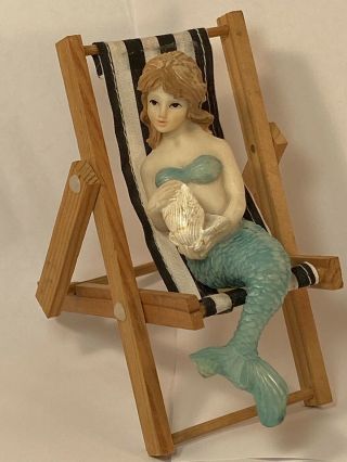 Cute Vintage Mermaid Figurine Sitting On Beach Chair - Retro - Nautical - Shell - Ocean