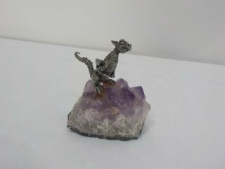 Vintage Pewter Dragon Figurine On Purple Amethyst Crystal Base