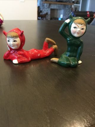 2 Vintage Elf/pixie Ceramic Red Green Devil Baby Figurines