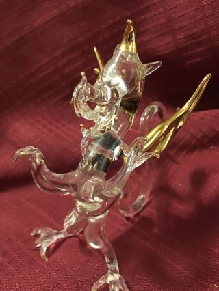 Hand Blown Clear Glass Dragon With Gold Wings And Accents.  Cool