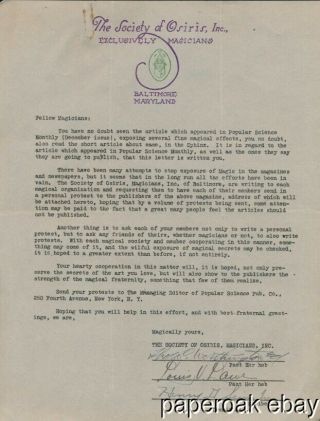 1928 Letter From The Society Of Osiris Magic Society Baltimore
