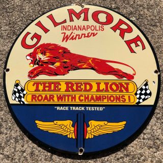 Vintage Porcelain Gilmore Red Lion Gas Oil Gasoline Pump Plate Sign