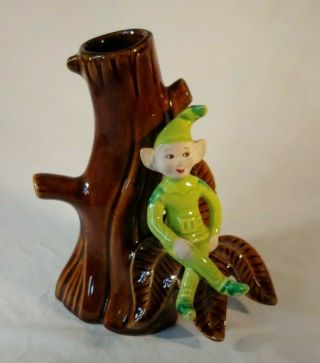 Vtg Treasure Craft Pixie Elf Ceramic Tree Stump Green Bud Vase