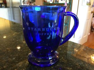 Starbucks Anchor Hocking Cobalt Blue Glass Coffee Cup Footed Mug Usa Etched Logo
