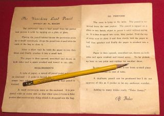 Al Baker’s The Vanishing Lead Pencil 1940’s Antique Magic Trick Ultra - Rare