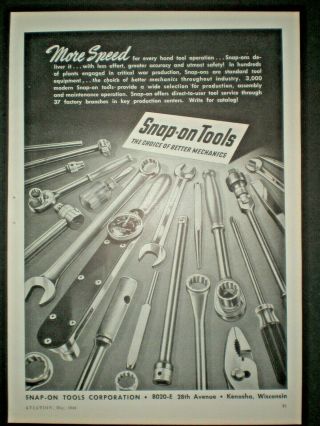 1944 More Speed Vintage Snap On Tools Trade Print Ad