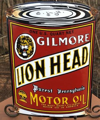 Vintage Gilmore Lion Head Motor Oil Can Porcelain Sign Gasoline Pump Plate
