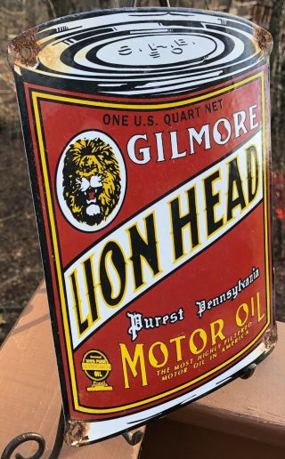 VINTAGE GILMORE LION HEAD MOTOR OIL CAN PORCELAIN SIGN GASOLINE PUMP PLATE 2