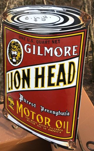 VINTAGE GILMORE LION HEAD MOTOR OIL CAN PORCELAIN SIGN GASOLINE PUMP PLATE 3