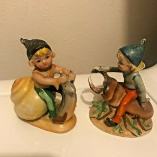 1 Pixie Fairy Elf Riding A Snail 1 Riding A Stag Beetle Occupied Japan Vintage