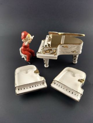 Vintage Elf Playing Piano Figurine L & M Lipper & Mann Japan With 2 Ashtrays