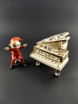 Vintage Elf Playing Piano Figurine L & M Lipper & Mann Japan with 2 Ashtrays 2