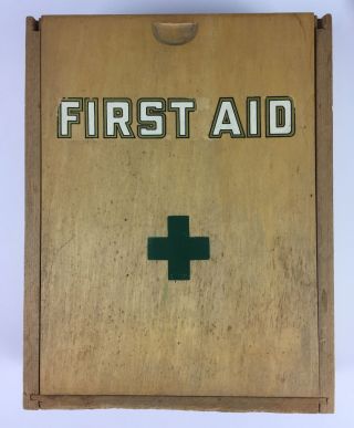 Vintage Wooden First Aid Box With Sliding Opening And Green Cross Decal