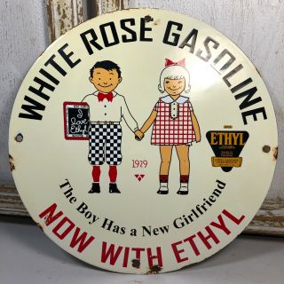 Vintage Porcelain White Rose Ethyl Gasoline Gas Oil Sign Service Station