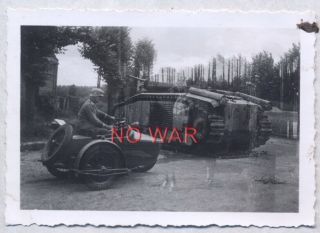 Wwii German War Photo Soldier On Moto & Panzer / Tank In City -