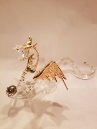 Hand Blown Clear Glass Dragon With Gold Accents