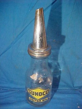 Orig 1920s Sunoco 1 Quart Glass Motor Oil Bottle W Orig Label