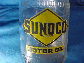 Orig 1920s SUNOCO 1 Quart GLASS MOTOR OIL BOTTLE w Orig LABEL 2