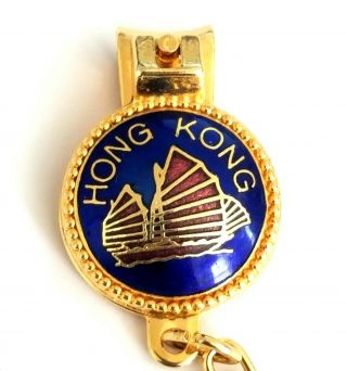 Hong Kong Cloisonné Sailing Ship Nail Clipper Key Chain Souvenir Gold Tone